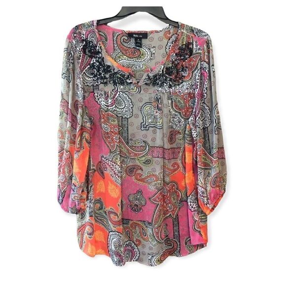 Style & Co. Sz M Sheer Orange Paisley Embroidered Lace Bohemian Blouse - Picture 1 of 7